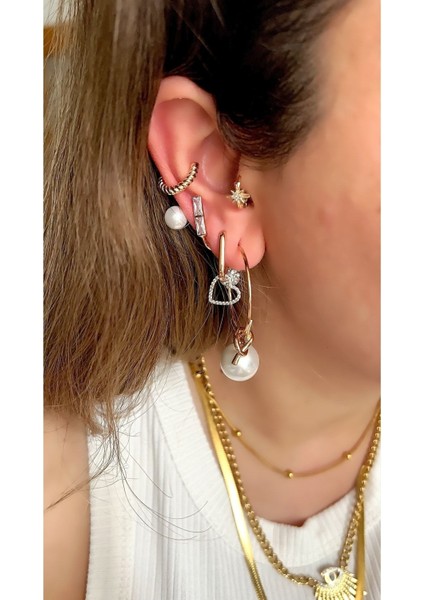 Vip Seri Gold Inci ve Zirkon Taş Detaylı Halka Küpe