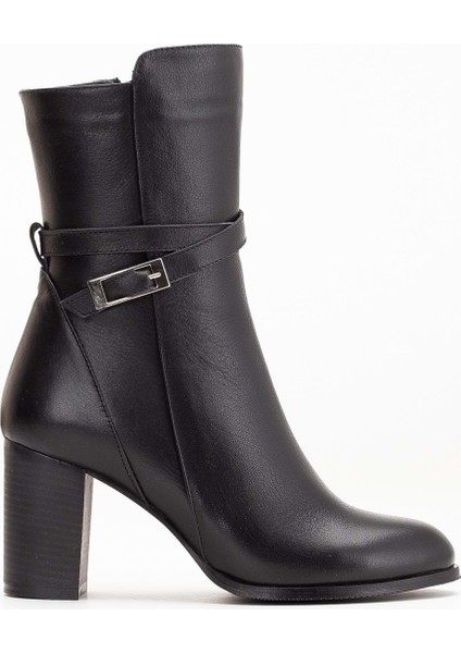 Kadın Hakiki Deri Toka Detaylı Şık Topuklu Bot - Siyah