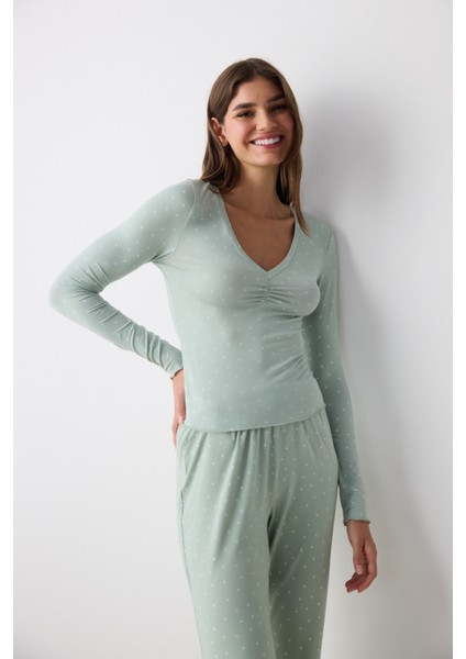 Aria Dotted Açık Yeşil Pantolon Pijama Takımı