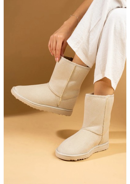 Kadın Bej Süet Uzun Bot Içi Tüylü Düz Rahat Taban Ayakkabı