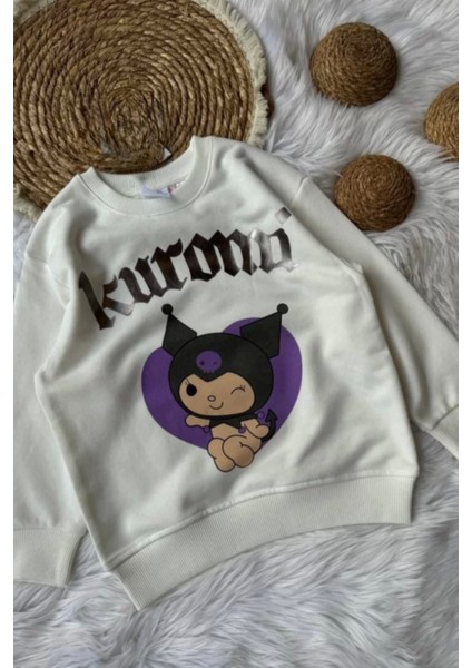 Kız Çocuk Kuromi Mor Kalp Baskılı Sweatshirt