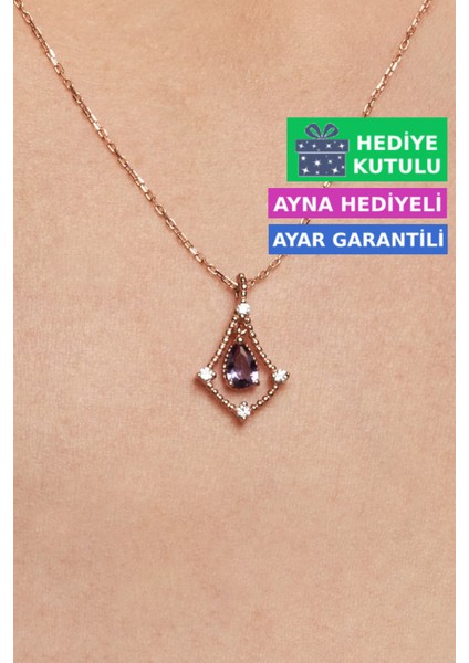 Ametist Mor Renkli Taşlı 18 Ayar Rose Altın Kaplama Mor Gümüş Damla Kolye 925 Ayar Gümüş Kadın Kolye | Bayan Zirkon Mor Taşlı Su Damlası Altın Kaplama Damla Rose Gold Kadın Gümüş Kolye
