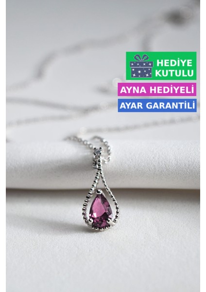 Ametist Mor Renkli Taşlı 18 Ayar Beyaz Altın Kaplama Mor Gümüş Damla Kolye 925 Ayar Gümüş Kadın Kolye | Bayan Zirkon Mor Taşlı Su Damlası Altın Kaplama Damla Kadın Gümüş Kolye