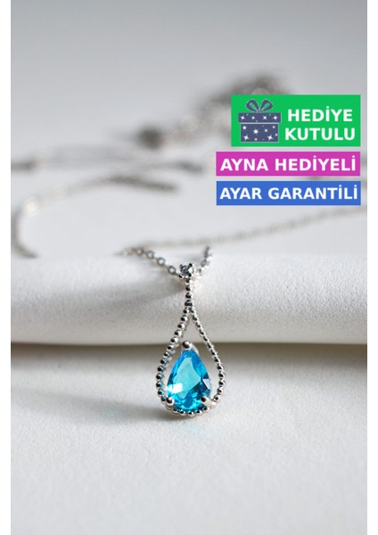 Akuamarin Mavi Renkli Taşlı 18 Ayar Beyaz Altın Kaplama Mavi Gümüş Damla Kolye 925 Ayar Gümüş Kadın Kolye | Bayan Zirkon Mavi Taşlı Su Damlası Altın Kaplama Damla Kadın Gümüş Kolye