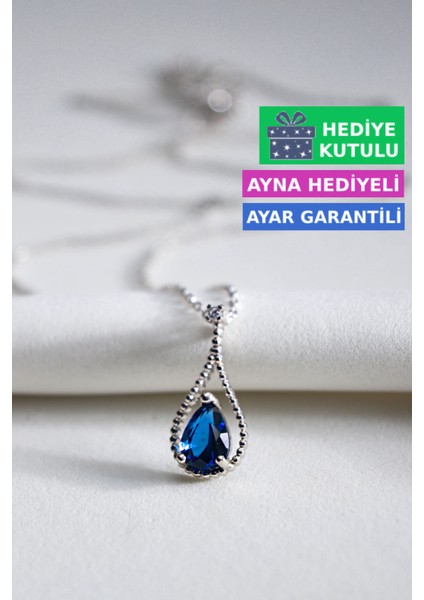 Safir Mavi Renkli Taşlı 18 Ayar Beyaz Altın Kaplama Mavi Gümüş Damla Kolye 925 Ayar Gümüş Kadın Kolye | Bayan Zirkon Mavi Taşlı Su Damlası Altın Kaplama Damla Kadın Gümüş Kolye