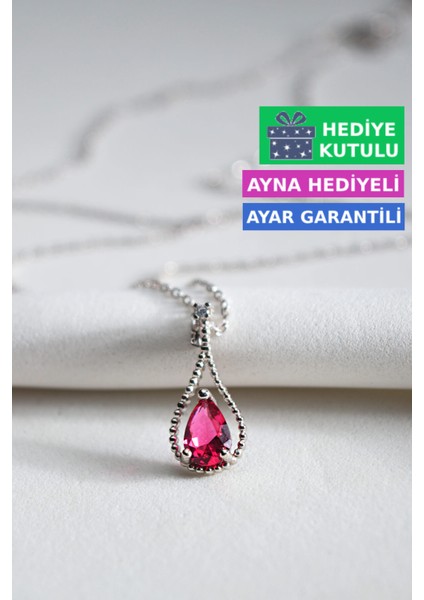 Yakut Kırmızı Renkli Taşlı 18 Ayar Beyaz Altın Kaplama Gümüş Kırmızı Damla Kolye 925 Ayar Gümüş Kadın Kolye | Bayan Zirkon Kırmızı Taşlı Su Damlası Altın Kaplama Damla Taş Kadın Gümüş Kolye