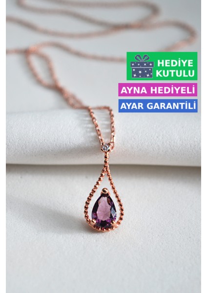 Ametist Mor Renkli Taşlı 18 Ayar Rose Altın Kaplama Mor Gümüş Damla Kolye 925 Ayar Gümüş Kadın Kolye | Bayan Zirkon Mor Taşlı Su Damlası Altın Kaplama Damla Rose Gold Kadın Gümüş Kolye