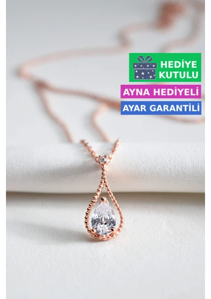 Damla Taşlı Kolye 18 Ayar Rose Altın Kaplama Gümüş Damla Kolye 925 Ayar Gümüş Kadın Kolye | Bayan Beyaz Zirkon Damla Taşlı Su Damlası Kolye Altın Kaplama Damla Rose Gold Kadın Gümüş Kolye