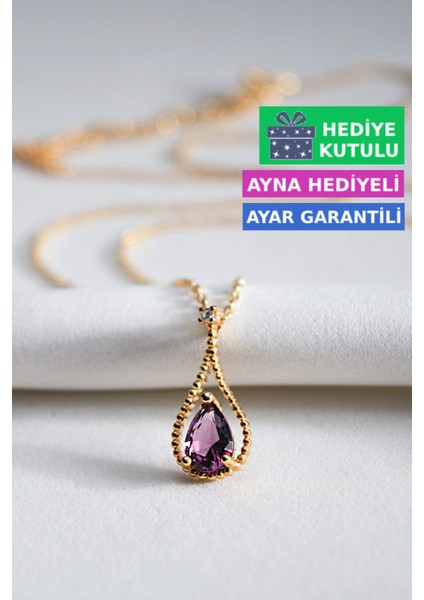 Ametist Mor Renkli Taşlı 18 Ayar Sarı Altın Kaplama Mor Gümüş Damla Kolye 925 Ayar Gümüş Kadın Kolye | Bayan Zirkon Mor Taşlı Su Damlası Altın Kaplama Damla Gold Kadın Gümüş Kolye