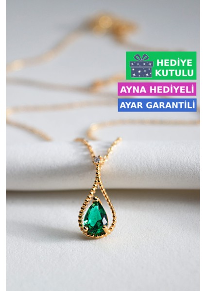 Zümrüt Yeşil Renkli Taşlı 18 Ayar Sarı Altın Kaplama Gümüş Yeşil Damla Kolye 925 Ayar Gümüş Kadın Kolye | Bayan Zirkon Yeşil Taşlı Su Damlası Altın Kaplama Damla Taş Gold Kadın Gümüş Kolye
