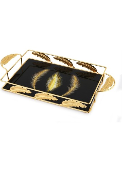 Gold Metal Tepsi Kuş Tüyü Desenli