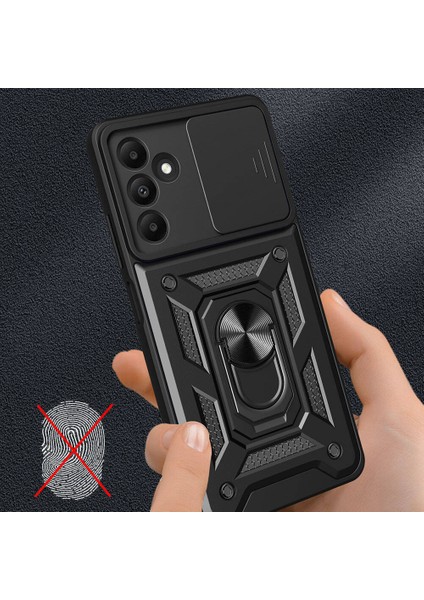 Galaxy A15 Kılıf Magnetik Standlı Kamera Korumalı Zore Sürgülü Vega Kapak-Siyah