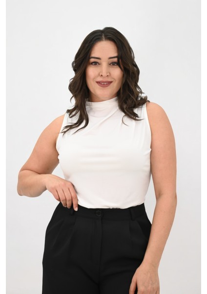 Kadın Büyük Beden Drape Detaylı Dik Yaka Bluz 1851-25