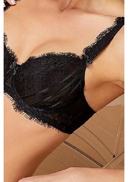 4320 Kadın Dantelli Dolgusuz Balenli Sütyen Tanga Takım-Siyah fiyatları