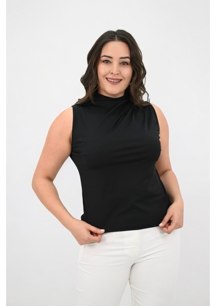 Kadın Büyük Beden Drape Detaylı Dik Yaka Bluz 1851-25