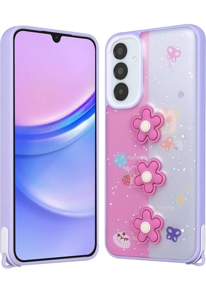 Galaxy A05S Kılıf Parlayan Simli Kabartma Figürlü Zore Cevze Kapak-Mor Papatya