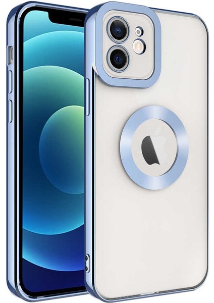 iPhone 12 Uyumlu Kamera Korumalı Logo Gösteren Zore Omega Kapak-Mavi Açık