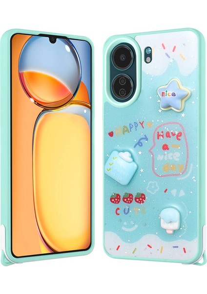 Xiaomi Redmi 13C Kılıf Parlayan Sıvılı Simli Kabartma Figürlü Zore Cevze Kapak-Yeşil