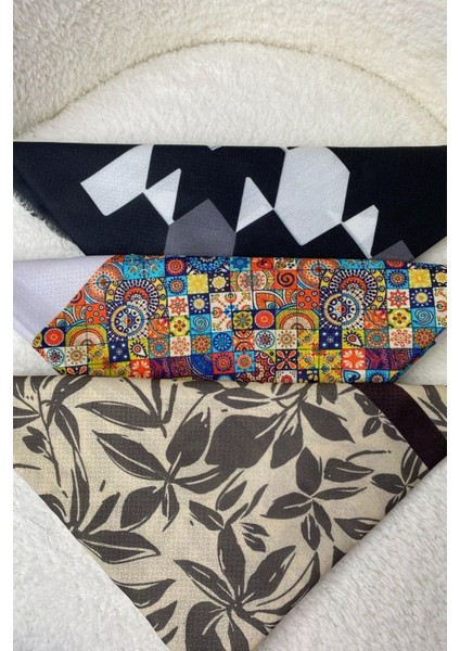 Floral,Geometrik Desen Pamuk Eşarp 3 Adet