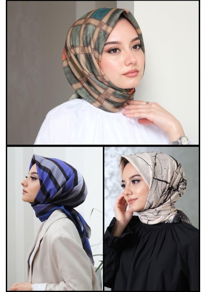 Mermer,Çizgili,Geometrik Desen Pamuk Eşarp 3 Adet fiyatları