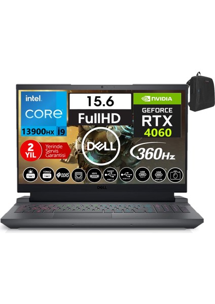 G15 5530 I9-13900HX 32GB Ddr5 4tb SSD 8GB/RTX4060 Freedos 15.6" 360Hz Fhd Taşınabilir Bilgisayar G155530017W08+WEBLEGELSINÇANTA