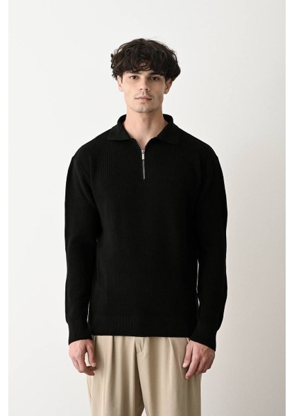 Fermuarlı Gömlek Yaka Triko Kazak