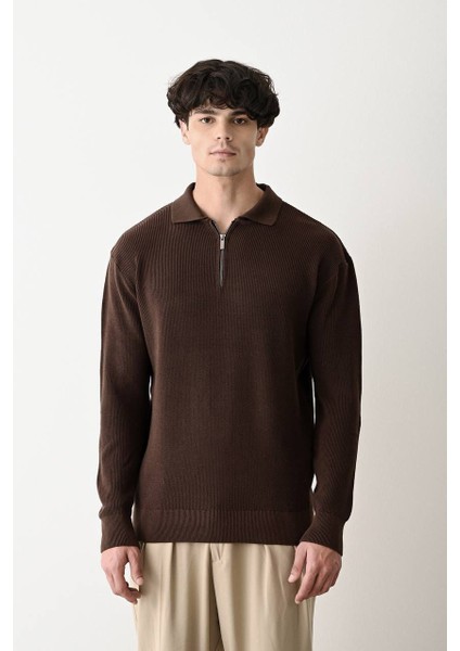 Fermuarlı Gömlek Yaka Triko Kazak