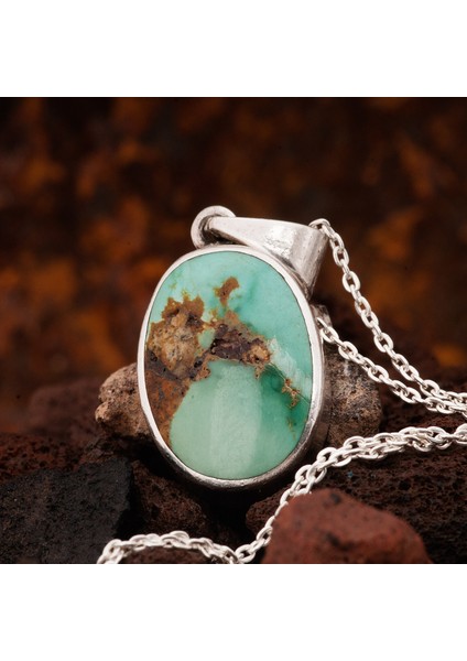 Firuze Taşlı Bayan Gümüş Oval Kolye modelleri