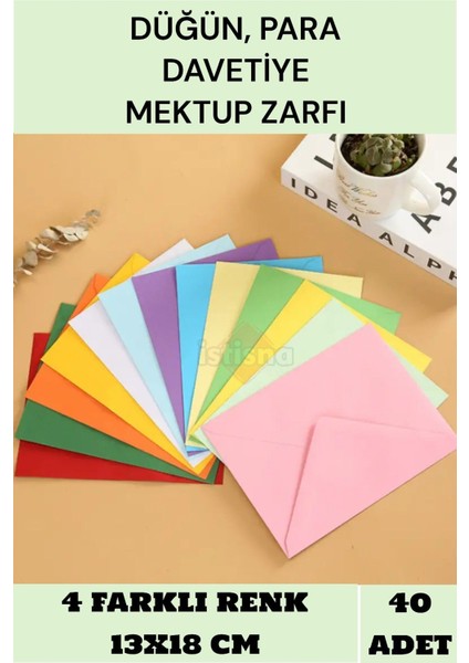 40 Adet 13 x 18 cm Karışık 4 Farklı Renk Hediye Doğum Günü Dilekleri Düğün Para Davetiye Mektup Zarfı