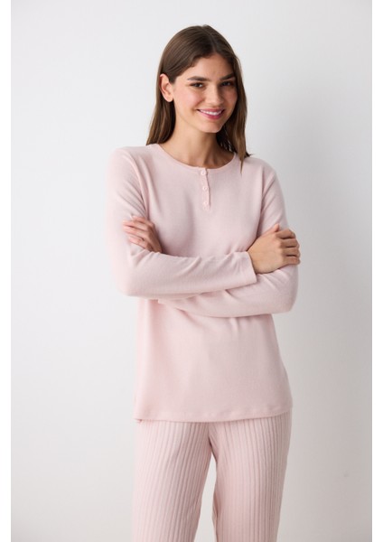 Pink Soft Gül Kurusu Pembe Pantolon Pijama Takımı