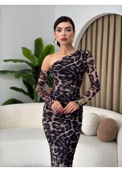 Marya Leopar Streç Astarlı Elbise