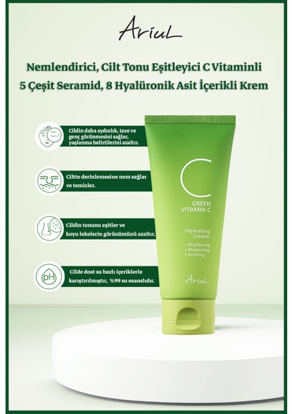 Green C Vitaminli Yüz Kremi 100 ml|Nemlendirici, Ton Eşitleyici|5 Seramid, 8 Hyalüronik Asit