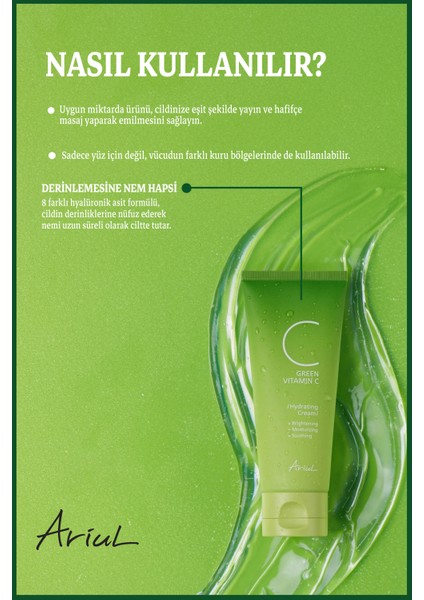 Green C Vitaminli Yüz Kremi 100 ml|Nemlendirici, Ton Eşitleyici|5 Seramid, 8 Hyalüronik Asit