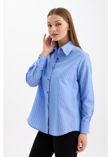 Rahat Kalıp Uzun Kol Kadın Çizgili Gömlek | GML35705