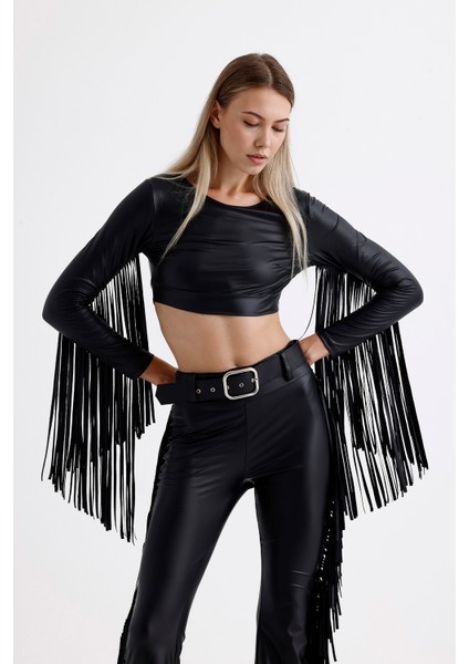 Crop Püskül Detaylı Uzun Kol Suni Deri Bluz | BLZ35780