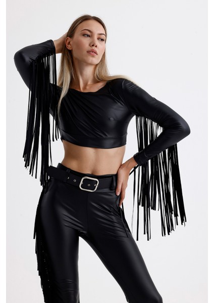 Crop Püskül Detaylı Uzun Kol Suni Deri Bluz | BLZ35780 fiyatları