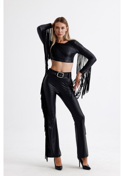 Crop Püskül Detaylı Uzun Kol Suni Deri Bluz | BLZ35780 modelleri