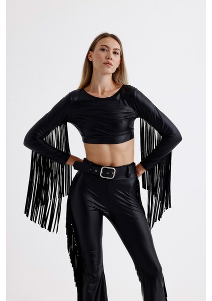 Crop Püskül Detaylı Uzun Kol Suni Deri Bluz | BLZ35780 fırsatları