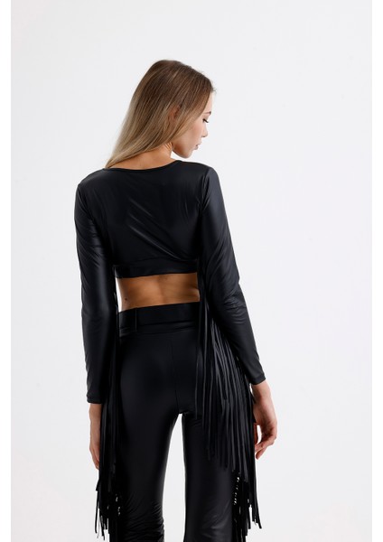 Crop Püskül Detaylı Uzun Kol Suni Deri Bluz | BLZ35780 indirimleri