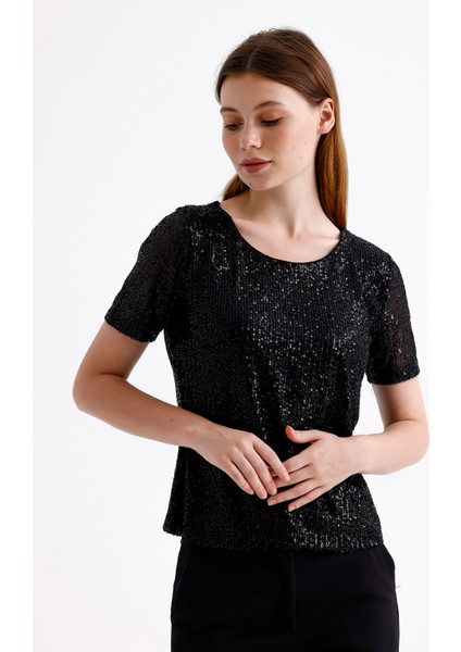 Kısa Kol Pul Payet Abiye Bluz | BLZ35540