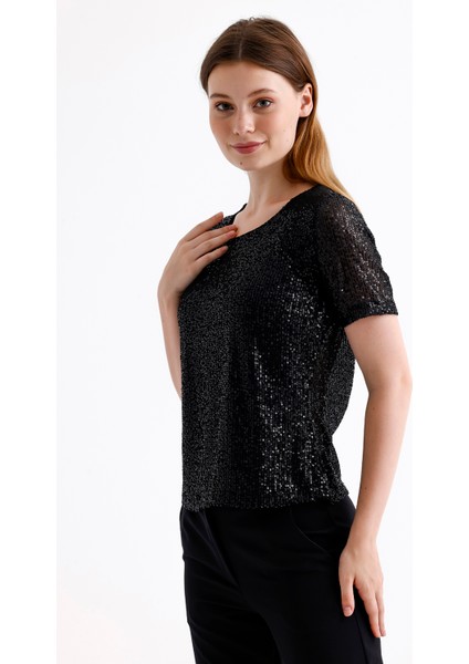 Kısa Kol Pul Payet Abiye Bluz | BLZ35540