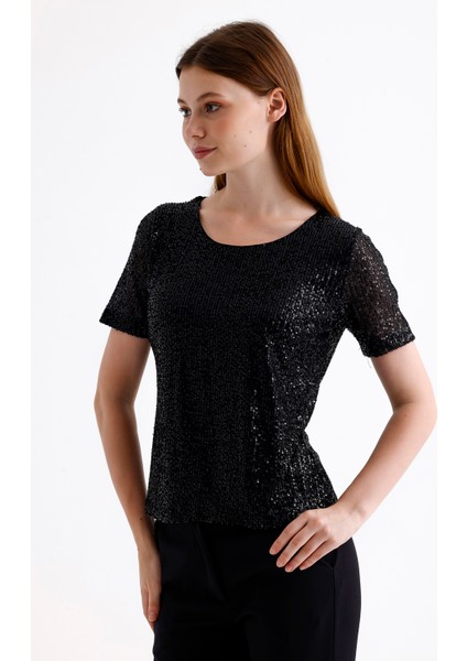 Kısa Kol Pul Payet Abiye Bluz | BLZ35540