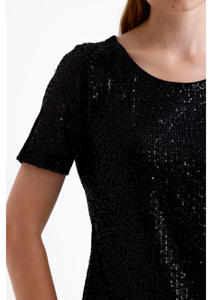 Kısa Kol Pul Payet Abiye Bluz | BLZ35540