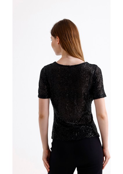Kısa Kol Pul Payet Abiye Bluz | BLZ35540