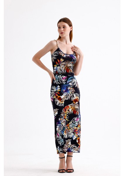 Yırtmaçlı Askılı Likralı Viskon Elbise | ELB35782 Büyük Yapraklı