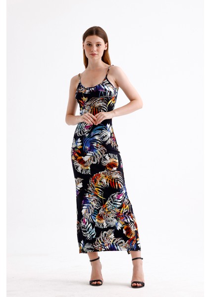 Yırtmaçlı Askılı Likralı Viskon Elbise | ELB35782 Büyük Yapraklı fiyatları