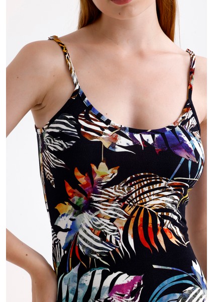 Yırtmaçlı Askılı Likralı Viskon Elbise | ELB35782 Büyük Yapraklı fırsatları