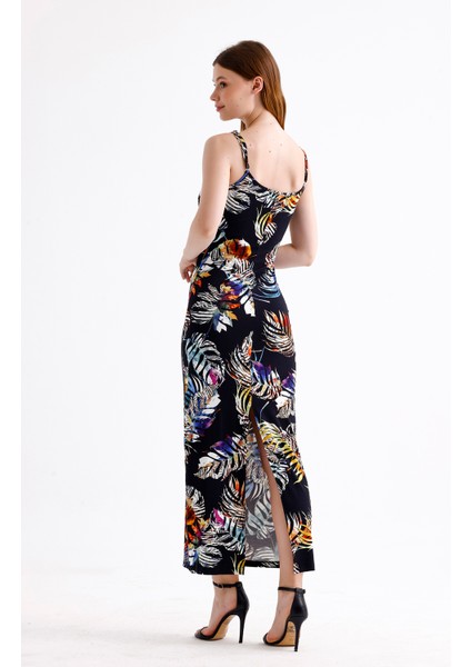 Yırtmaçlı Askılı Likralı Viskon Elbise | ELB35782 Büyük Yapraklı indirimleri