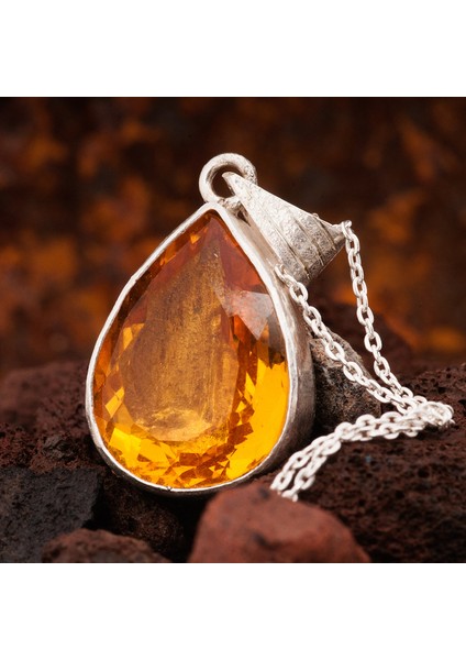 Sarı Topaz Taşlı Bayan Gümüş Damla Kolye modelleri