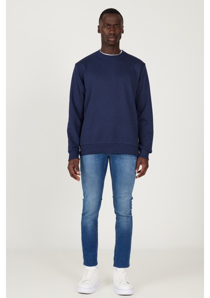 Erkek Lacivert Standart Fit Normal Kesim Bisiklet Yaka 3 Iplik Pamuklu Sweatshirt
